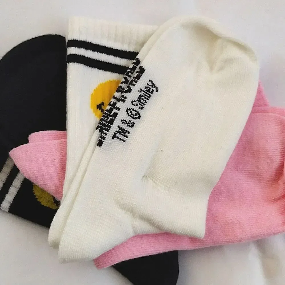 $9💥 Smiley World 3 Pairs Girl's Crew Socks NWOT Pink White Black Girly Floral